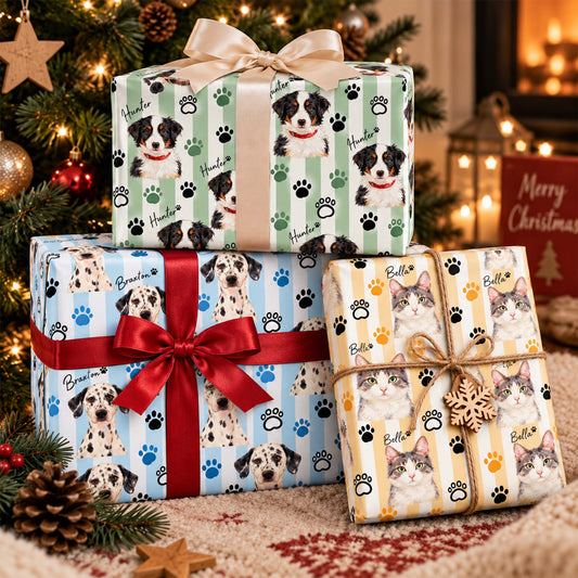 Custom Pet Portrait & Name Christmas Wrapping Paper
