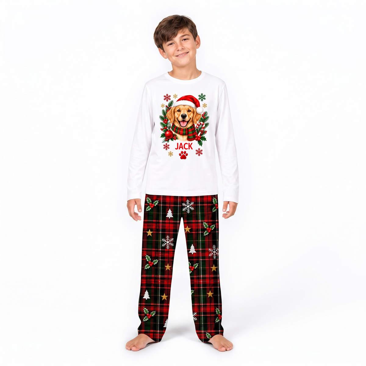 Cute Personalized Santa Dog Plaid Family Christmas Pajamas With Pet