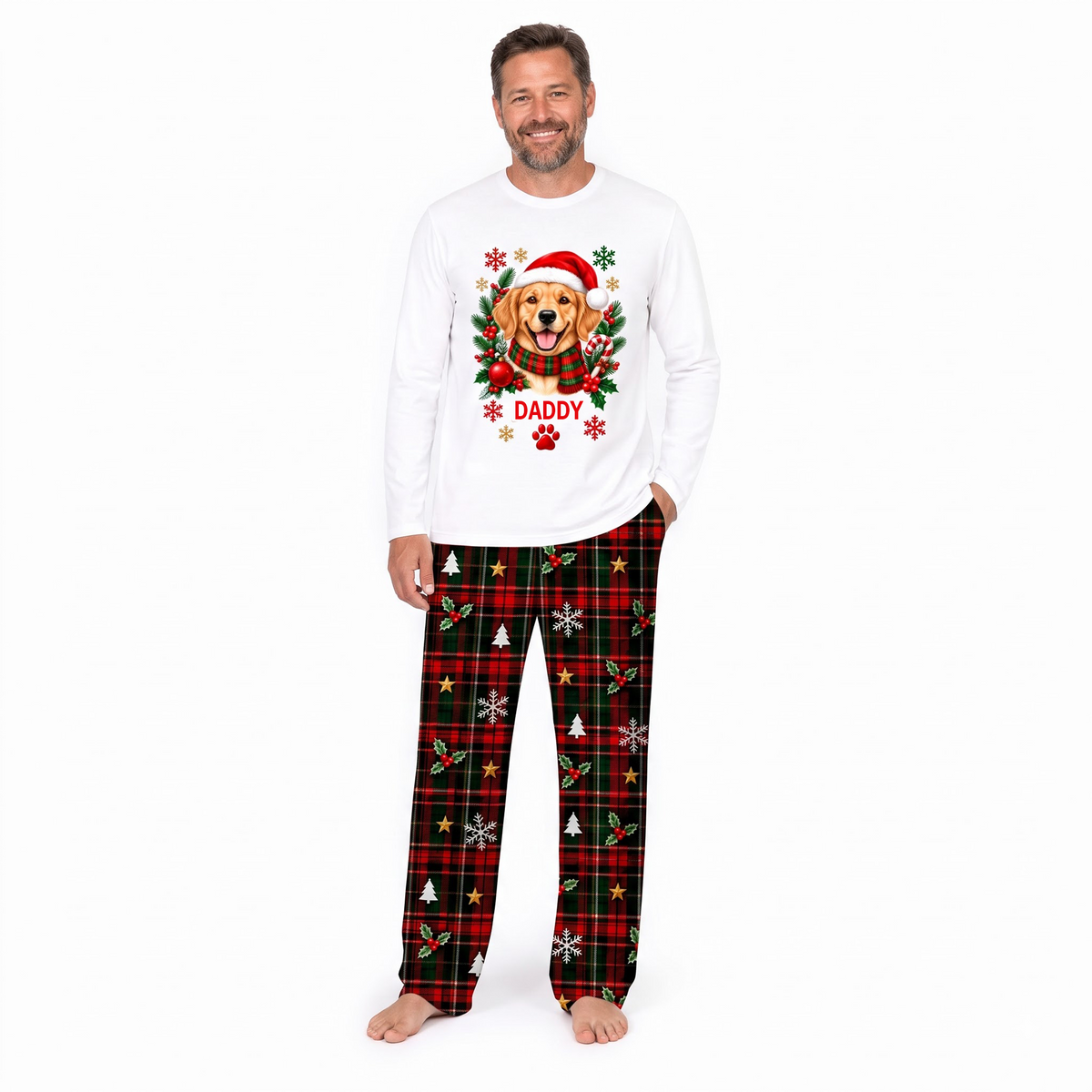 Cute Personalized Santa Dog Plaid Family Christmas Pajamas With Pet