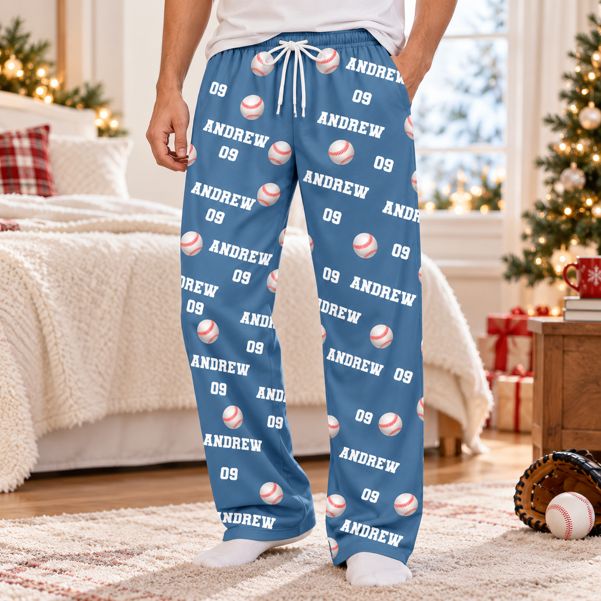 Personalized Baseball Pajama Pants – Custom Name & Number Lounge Pants, Baseball Player Gift