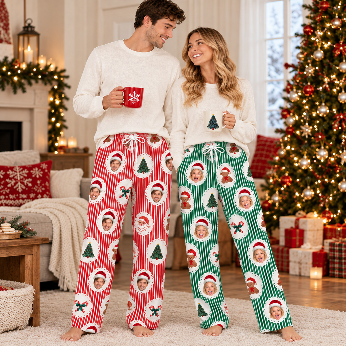 Personalized Face Christmas Pajama Pants – Custom Photo Holiday Lounge Pants, Matching Family Christmas PJs