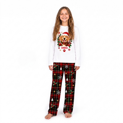 Cute Personalized Santa Dog Plaid Family Christmas Pajamas With Pet