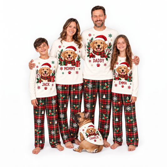 Cute Personalized Santa Dog Plaid Family Christmas Pajamas With Pet