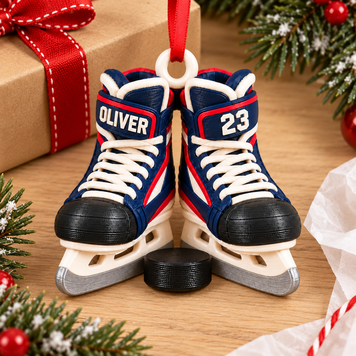 Personalized Hockey Skates Christmas Ornament – Custom Name & Number 3D Printed Ice Hockey Gift