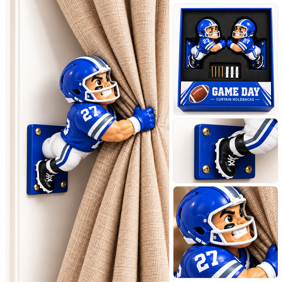 Personalized American Football Player Curtain Holdbacks – Set of 2 Resin Curtain Tiebacks, Football Fan Gift