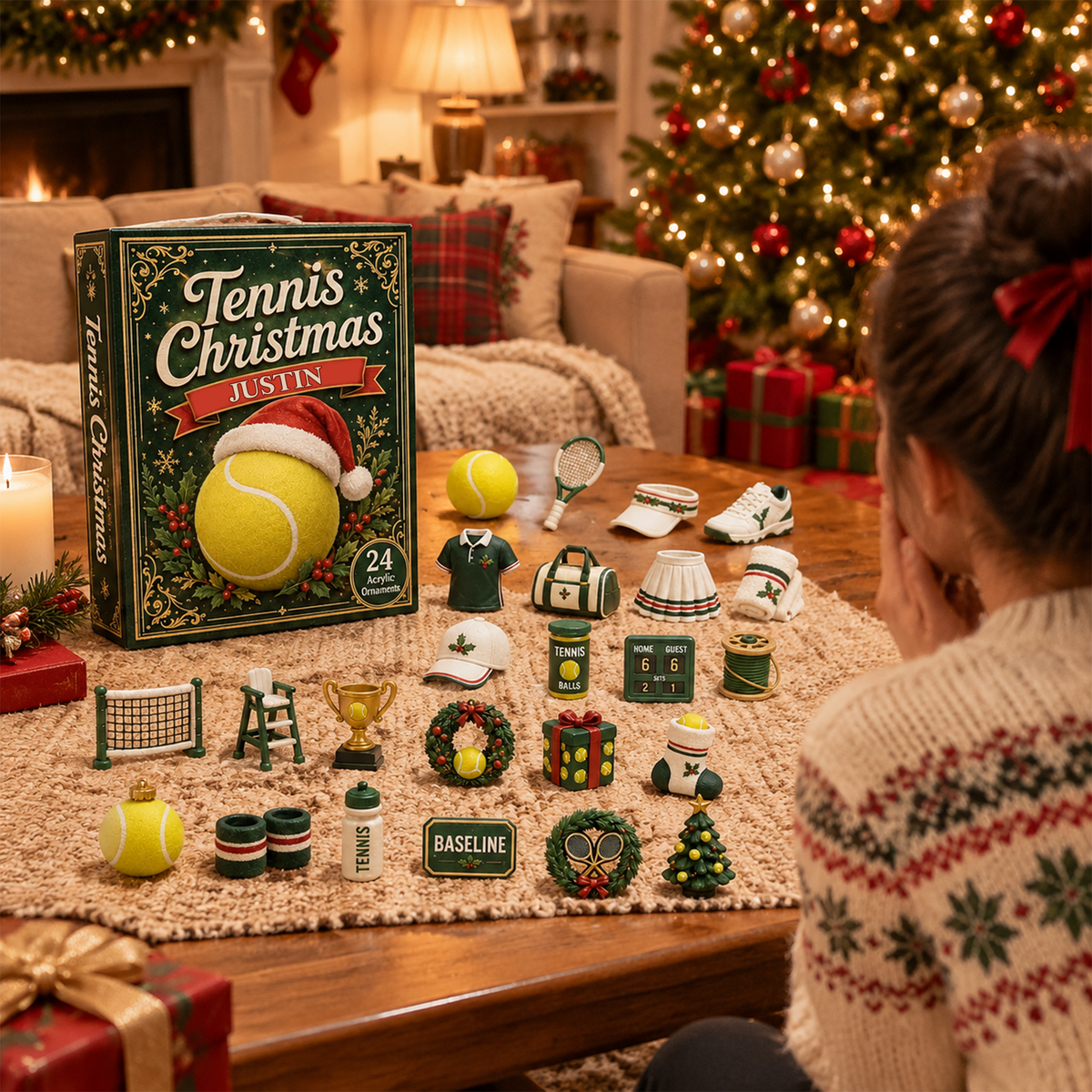 Personalized Tennis Christmas Advent Calendar – Custom Name 24-Day Tennis Ornaments Gift
