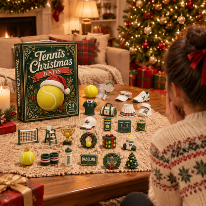 Personalized Tennis Christmas Advent Calendar – Custom Name 24-Day Tennis Ornaments Gift