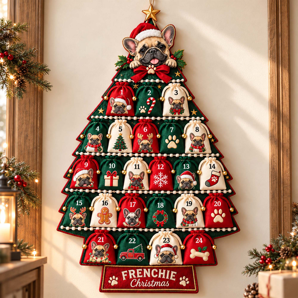 Personalized French Bulldog Christmas Tree Countdown Calendar – Custom Name & 24 Pouches