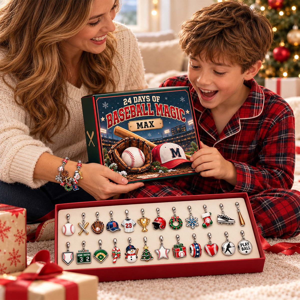 Personalized Baseball Christmas 24 Days Advent Calendar Bracelet Set With 24 Charms