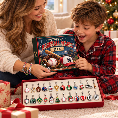 Personalized Baseball Christmas 24 Days Advent Calendar Bracelet Set With 24 Charms