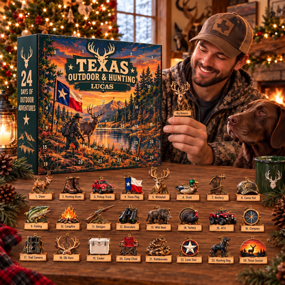 Personalized Texas Outdoor & Hunting Advent Calendar 2026, 24 Acrylic Ornaments, Hunting Christmas Gift for Men, Hunters & Outdoorsmen