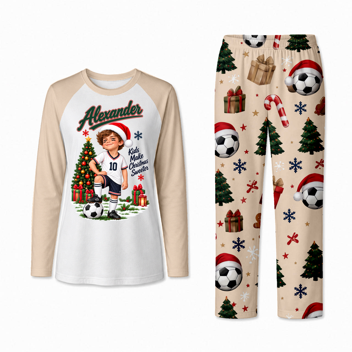 Personalized Soccer Christmas Family Pajamas, Custom Photo Name & Number Holiday Pajama Set