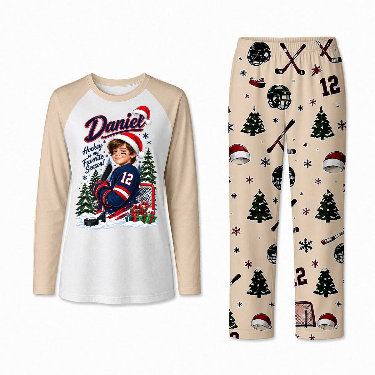 Personalized Hockey Christmas Matching Family Pajamas With Pet, Custom Photo Name & Number