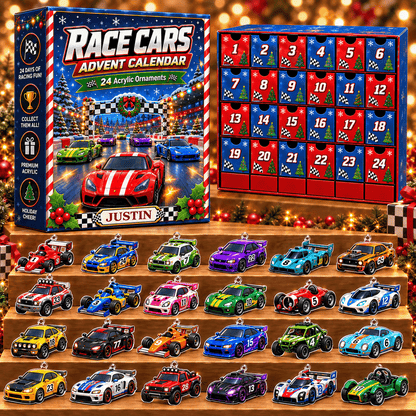 Personalized Race Cars Christmas Advent Calendar 2026 – 24 Acrylic Racing Car Ornaments, Custom Name Gift for Kids