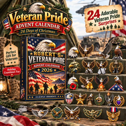 Personalized Veteran Pride Advent Calendar With Custom Name, 24 Acrylic Eagle Christmas Ornaments