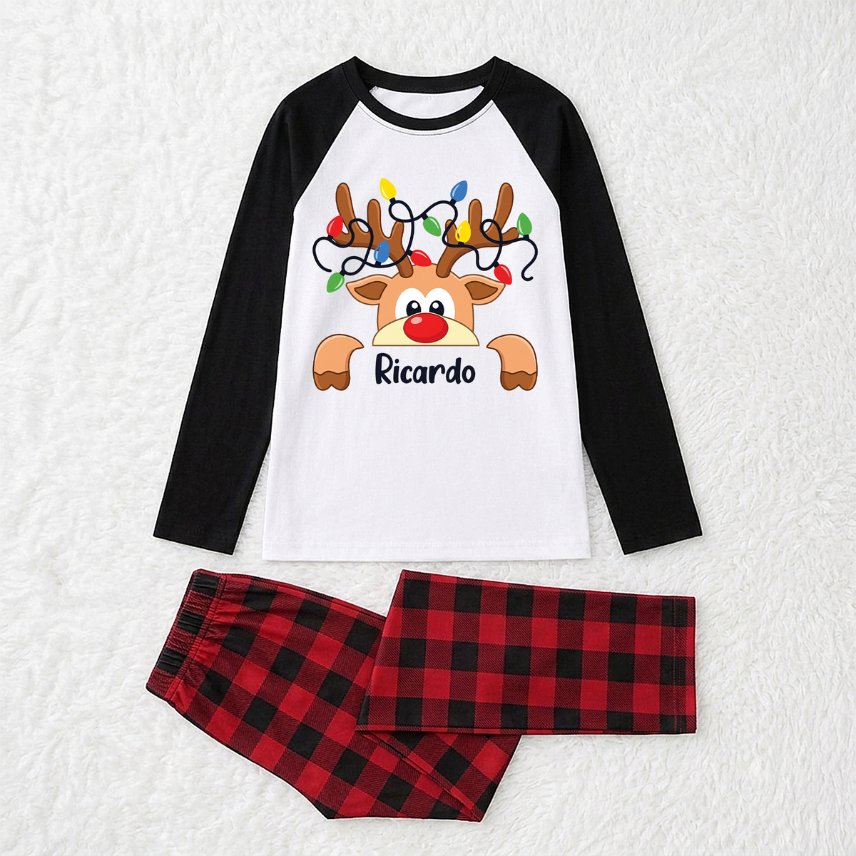 Custom Name Funny Reindeer Christmas Lights Matching Family Pajamas