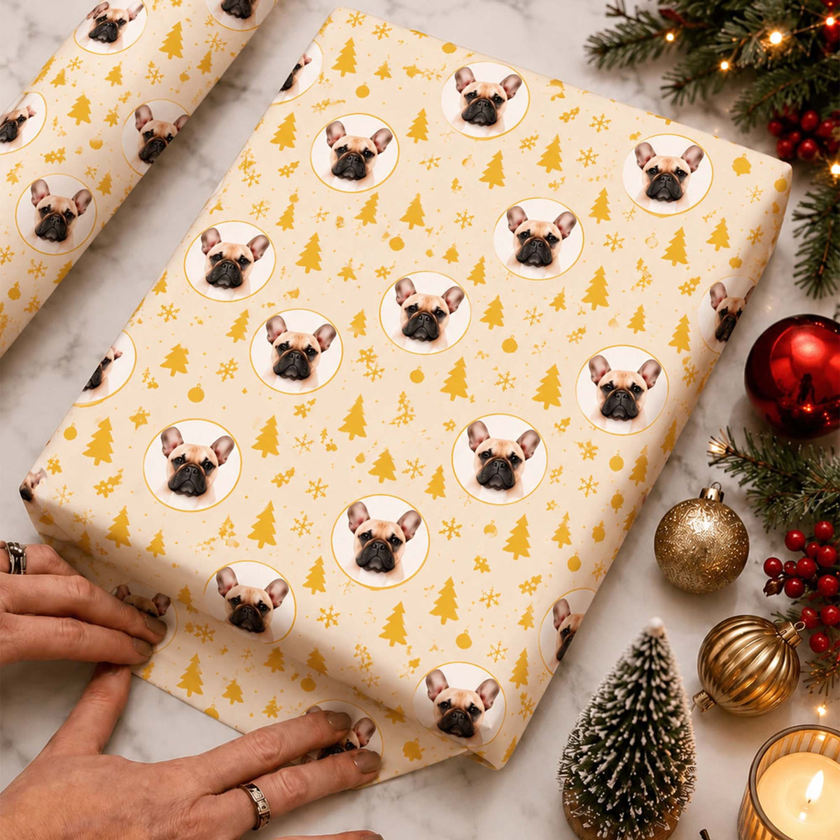 Custom Pet Face Festive Christmas Tree & Snowflake Wrapping Paper for Dog Lovers