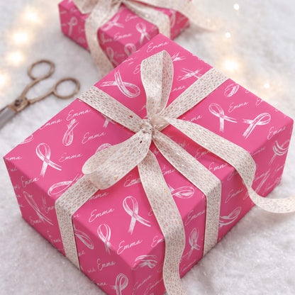 Custom Name Pink Ribbon Breast Cancer Awareness Wrapping Paper