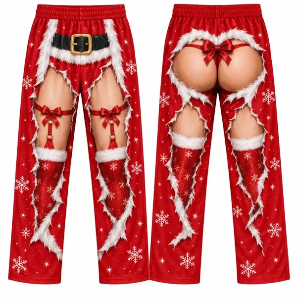 Funny Christmas Faux Ripped Pajama Pants – Santa Bow Illusion Print