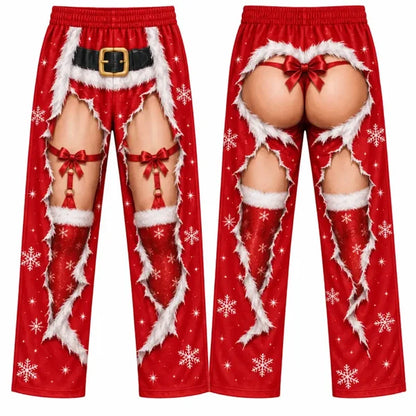 Funny Christmas Faux Ripped Pajama Pants – Santa Bow Illusion Print