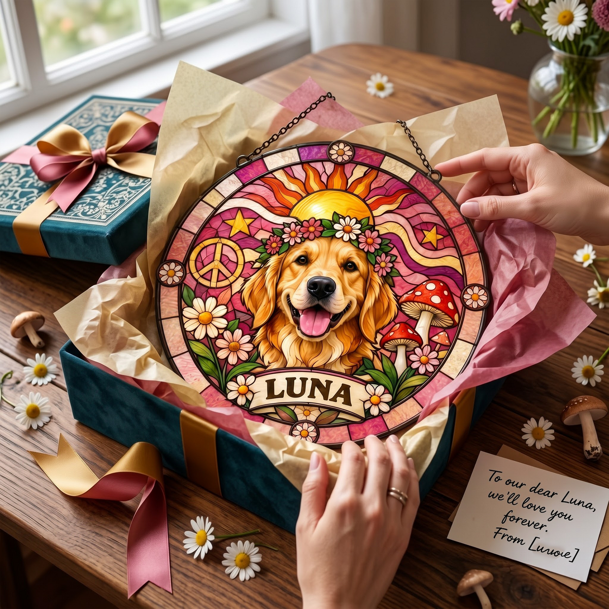 Personalized Pet Portrait Hippie Stained Glass Suncatcher – Custom Pet Name, Floral Peace Window Hanging Gift