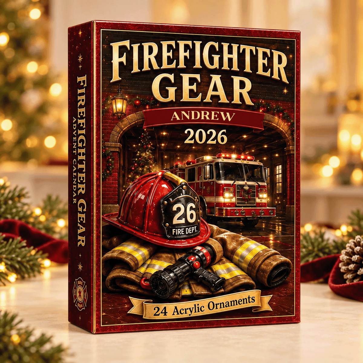 Personalized Firefighter Gear Christmas Advent Calendar 2026 – 24 Firefighter Acrylic Ornaments, Custom Name Firefighter Gift