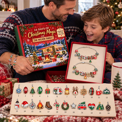 Personalized Family RV Camping Christmas 24 Days Advent Calendar Bracelet Set With 24 Charms