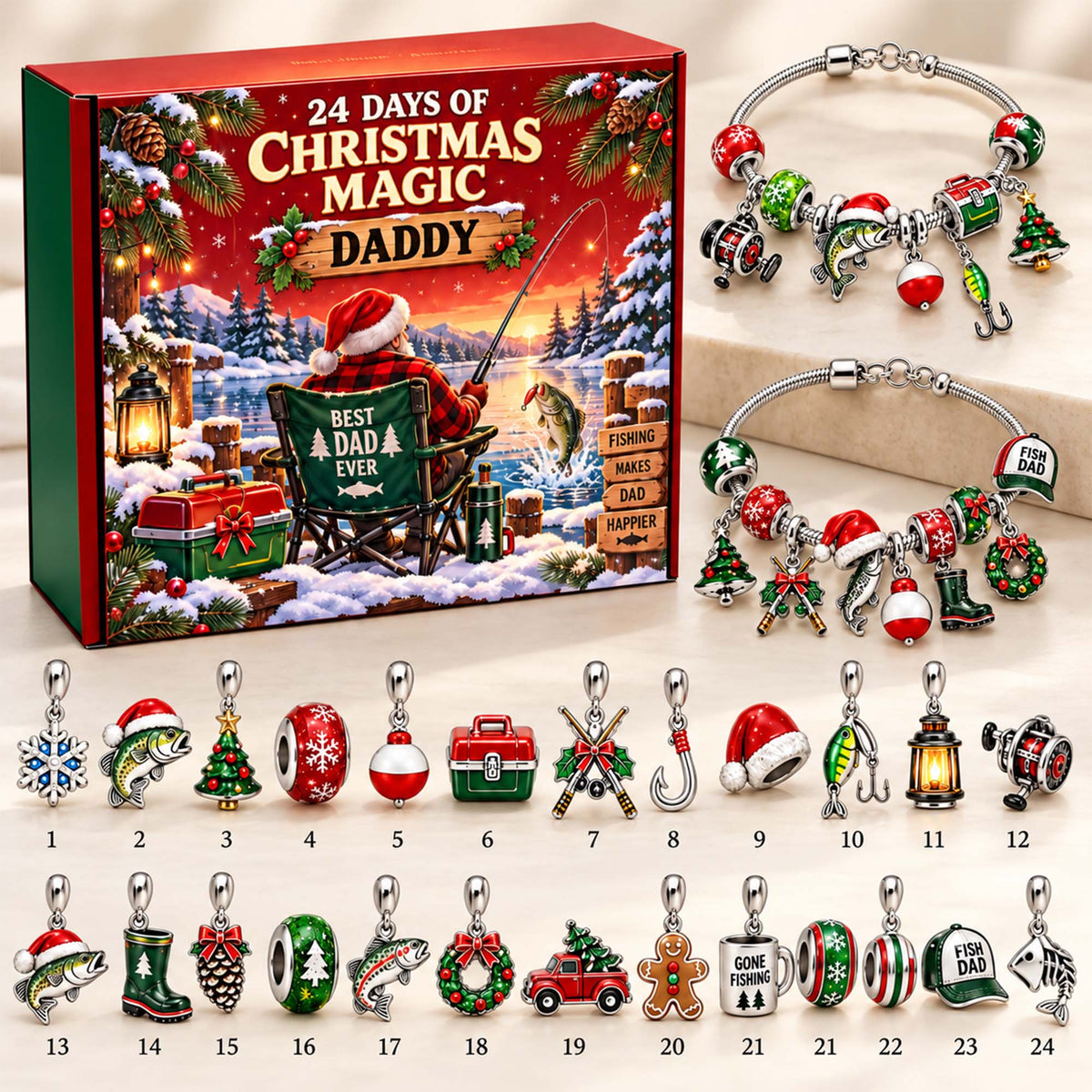 Personalized Best Dad Ever Fishing Christmas 24 Days Advent Calendar Bracelet Set With 24 Charms
