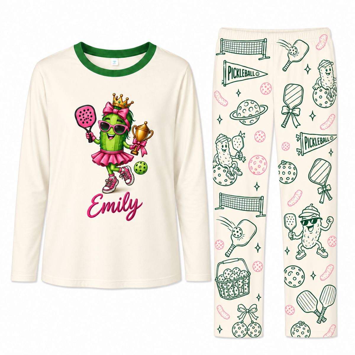 Personalized Name Cute Pickleball Pickle Character Matching Family Pajamas