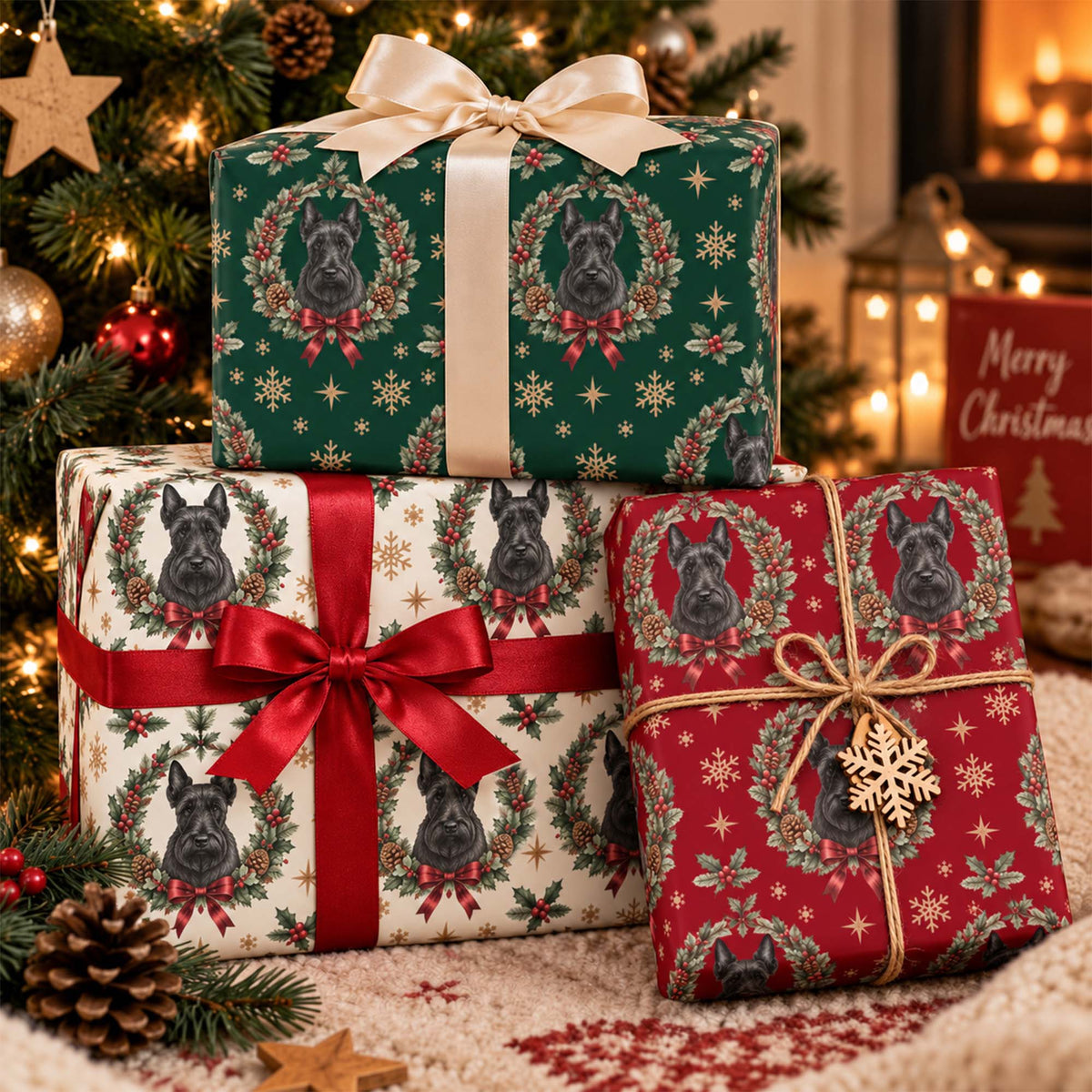 Personalized Festive Scottish Terrier Christmas Wreath Wrapping Paper for Dog Lovers