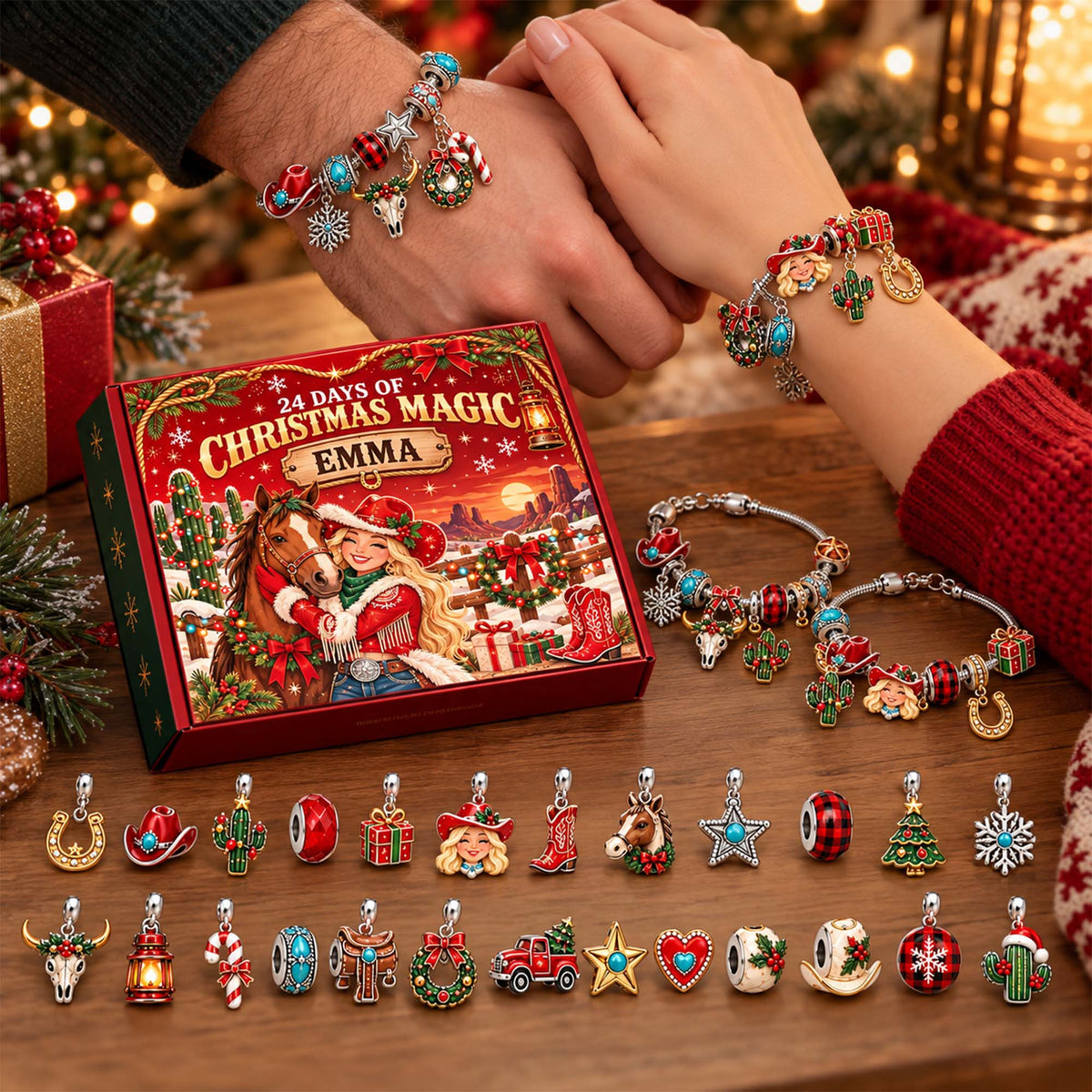 Personalized Cowgirl Western Christmas 24 Days Advent Calendar Bracelet Set With 24 Charms