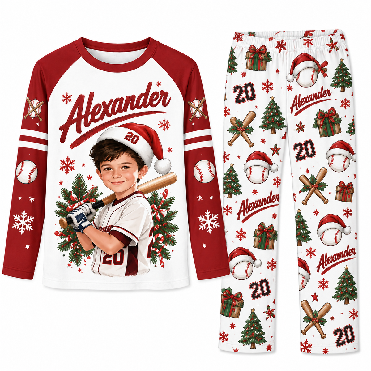 Custom Photo Baseball Player Santa Hat Matching Family Christmas Pajamas