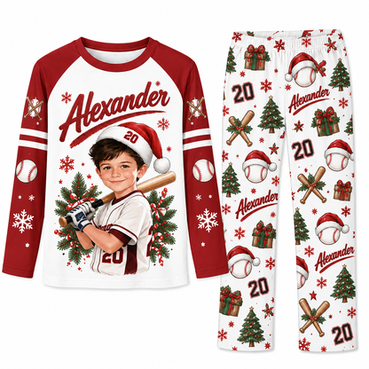Custom Photo Baseball Player Santa Hat Matching Family Christmas Pajamas