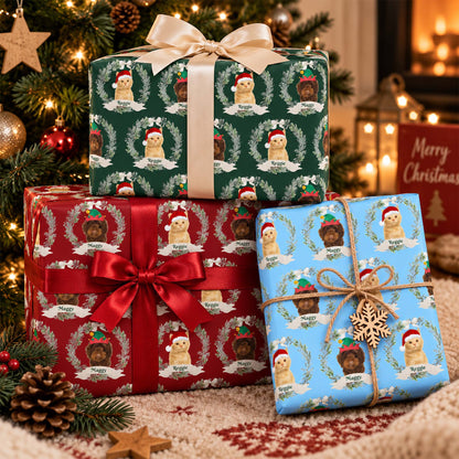 Personalized Pet Christmas Wreath Photo & Name Wrapping Paper for Dog and Cat Lovers