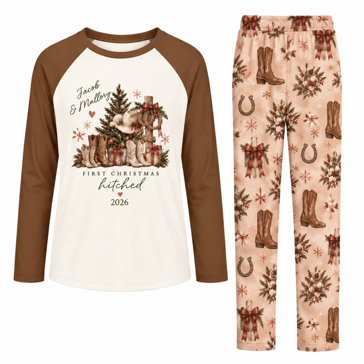 Personalized First Christmas Married Western Cowboy Couple Matching Pajamas
