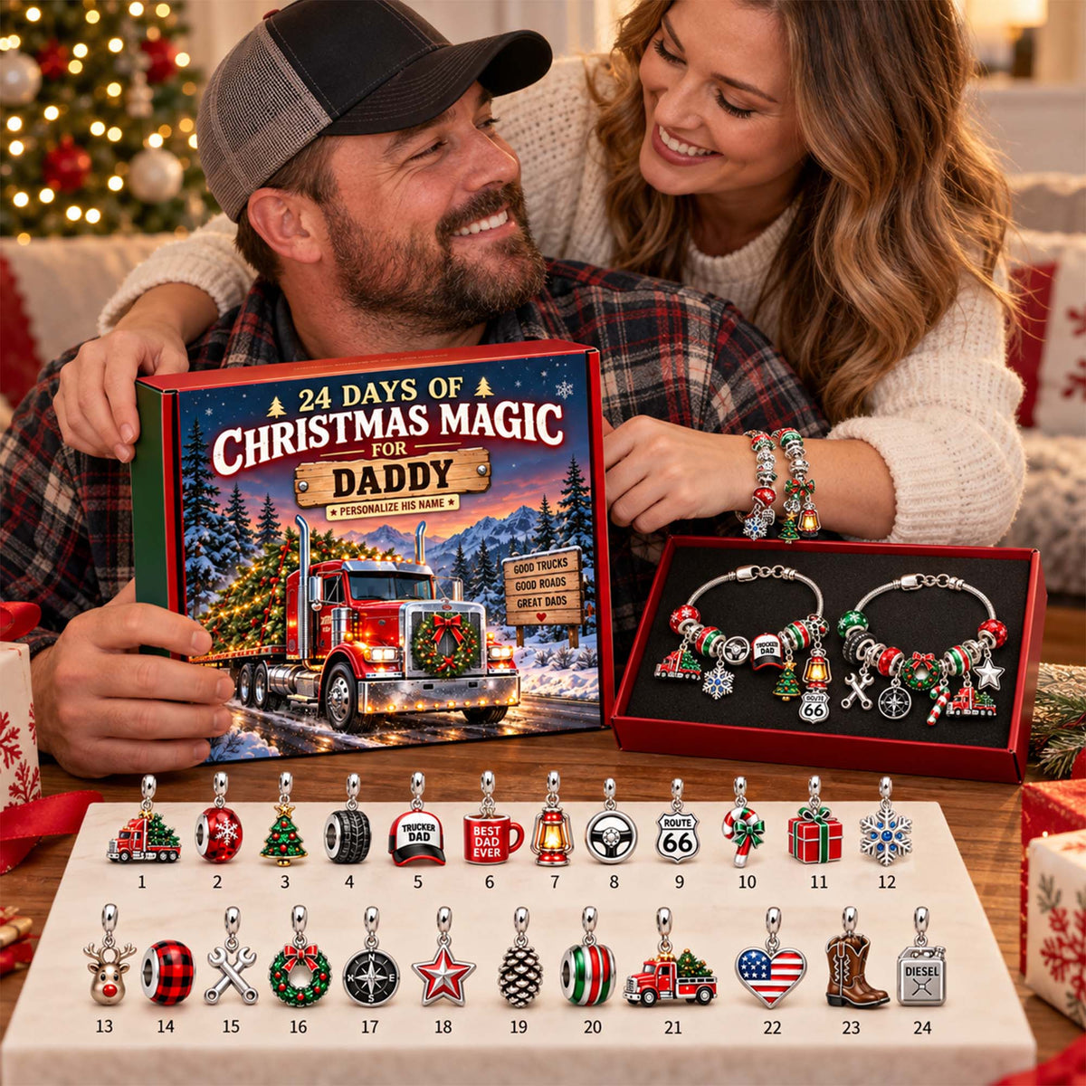 Personalized Trucker Dad Christmas 24 Days Advent Calendar Bracelet Set With 24 Charms