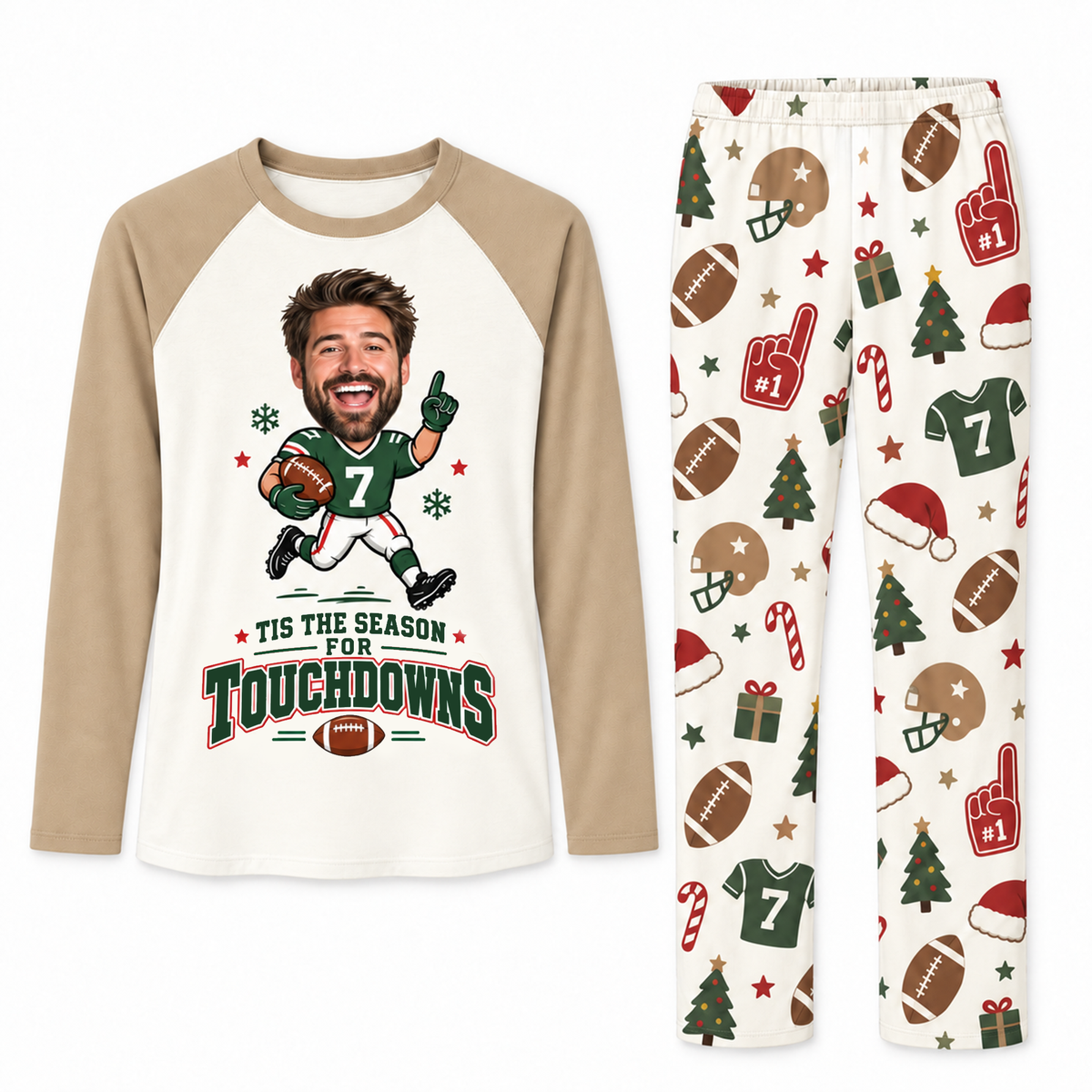 Funny Custom Face Football Tis The Season For Touchdowns Matching Christmas Pajamas