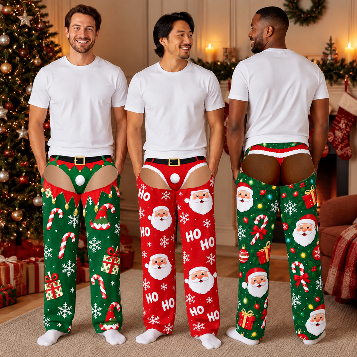 Funny Christmas Lounge Pants, Holiday Pajama Pants With Underwear Illusion, Christmas Gag Gift