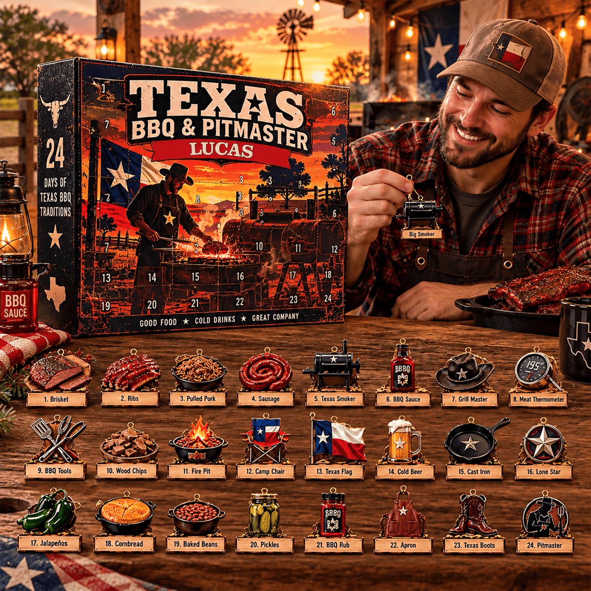 Personalized Texas BBQ Advent Calendar 2026 – 24 BBQ & Pitmaster Acrylic Ornaments, Custom Name Christmas Gift