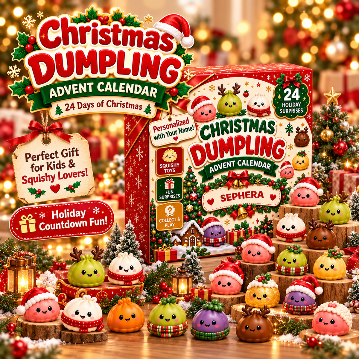 Personalized Christmas Dumpling Advent Calendar – Custom Name 24-Day Holiday Surprise Countdown Gift for Kids & Squishy Lovers