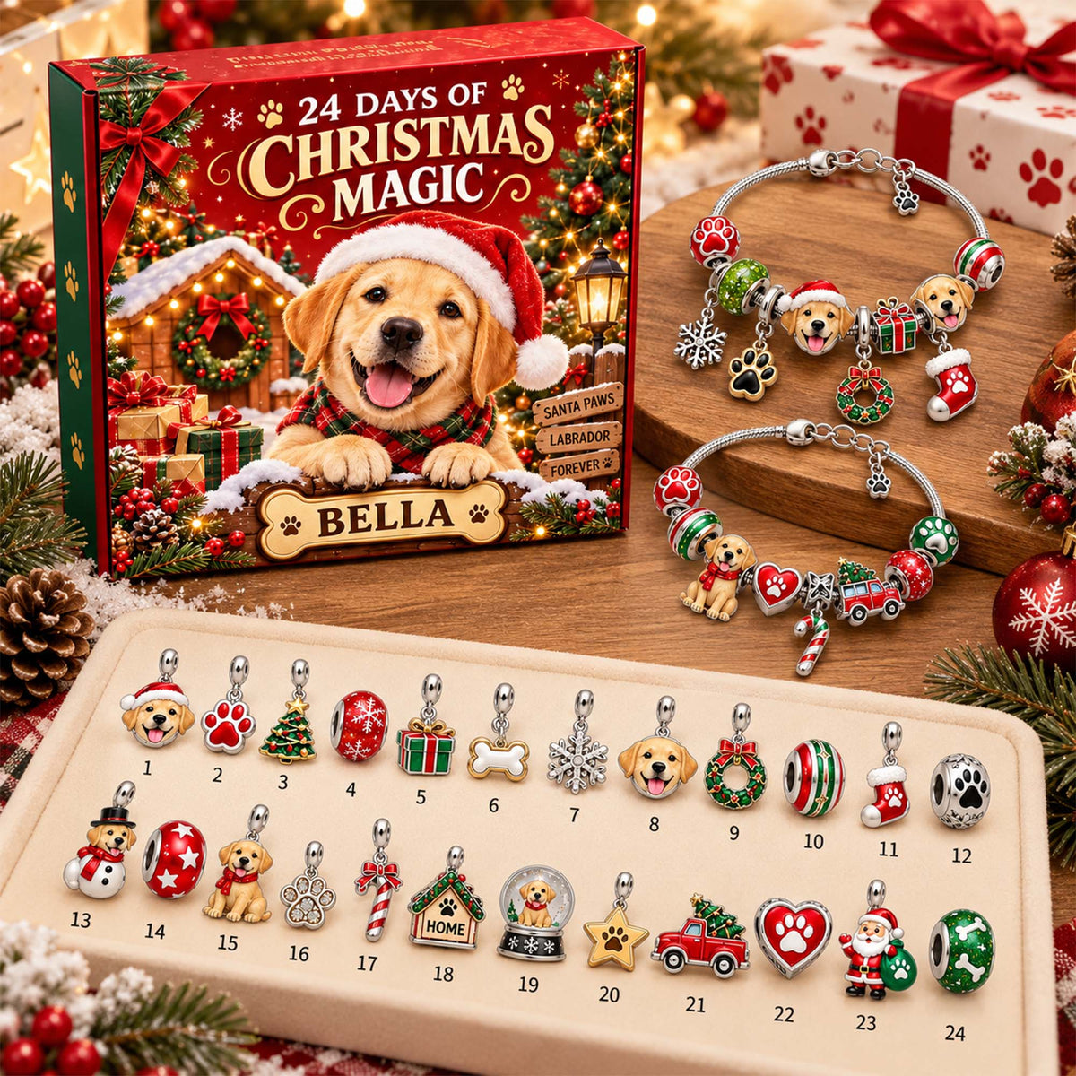 Personalized Labrador Retriever 24 Days Christmas Advent Calendar Bracelet Set With 24 Charms