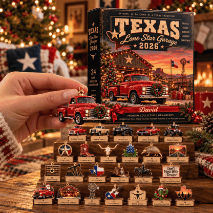 Personalized Texas Lone Star Garage Advent Calendar With Custom Name, 24 Texas Christmas Ornaments