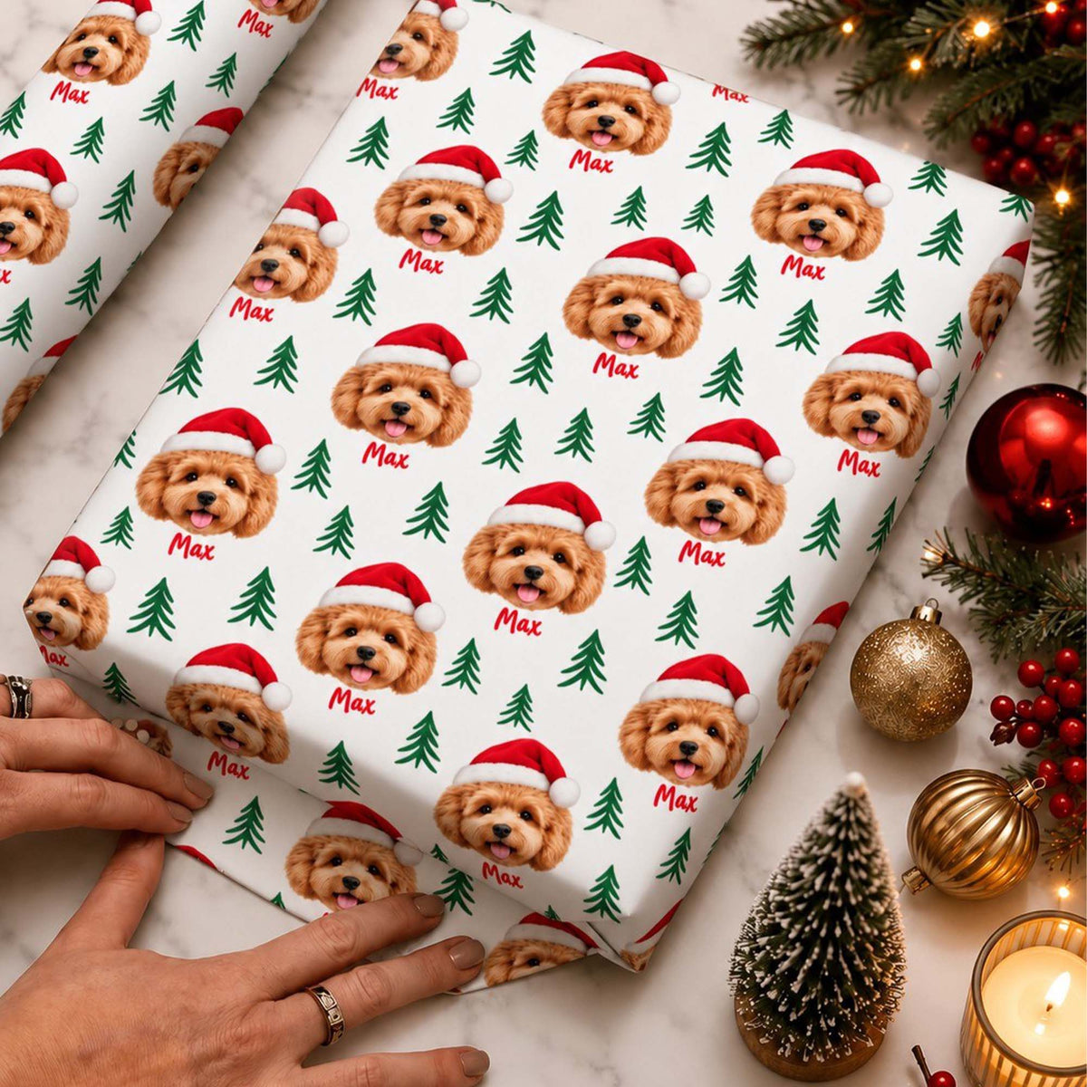 Personalized Pet Face Santa Hat & Name Christmas Wrapping Paper for Dog Lovers