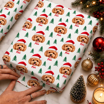 Personalized Pet Face Santa Hat & Name Christmas Wrapping Paper for Dog Lovers