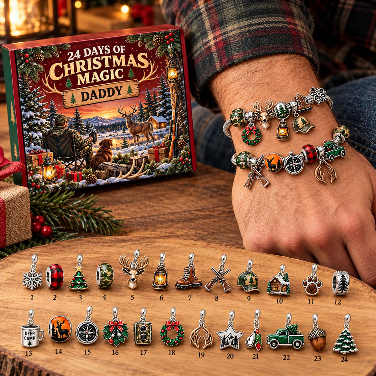 Personalized Hunting Deer Christmas 24 Days Advent Calendar Bracelet Set With 24 Charms