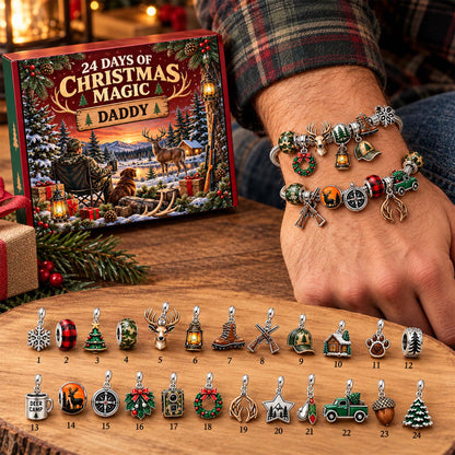 Personalized Hunting Deer Christmas 24 Days Advent Calendar Bracelet Set With 24 Charms