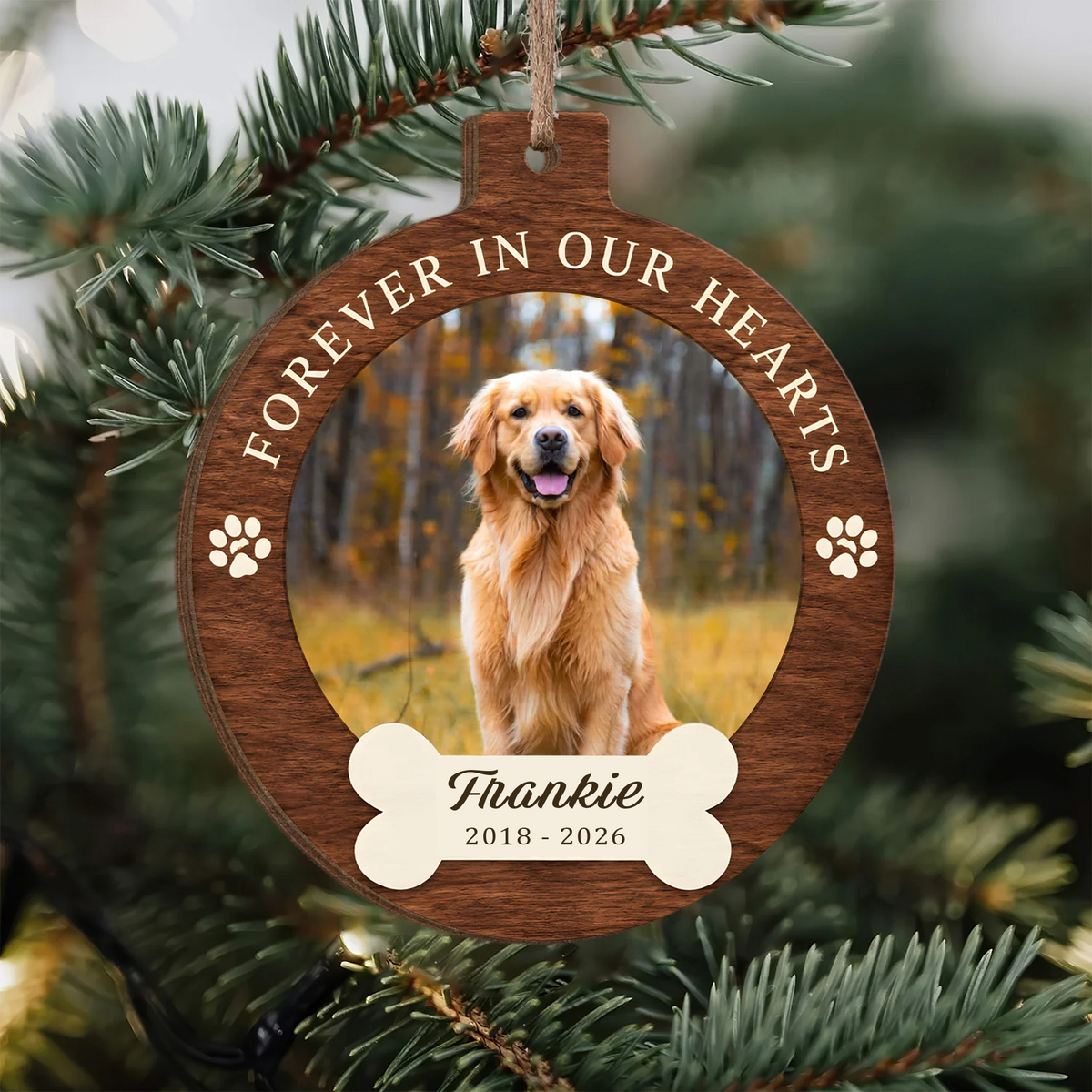 Your Pawprints Stay Forever - Personalized Wooden Ornament, Custom Pet Photo Memorial Christmas Ornament