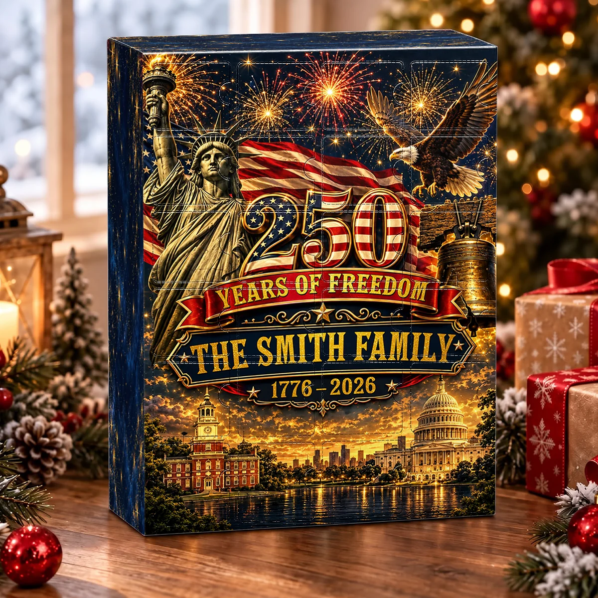 Personalized 250 Years Of Freedom Advent Calendar With Custom Family Name, 24 Patriotic Christmas Ornaments