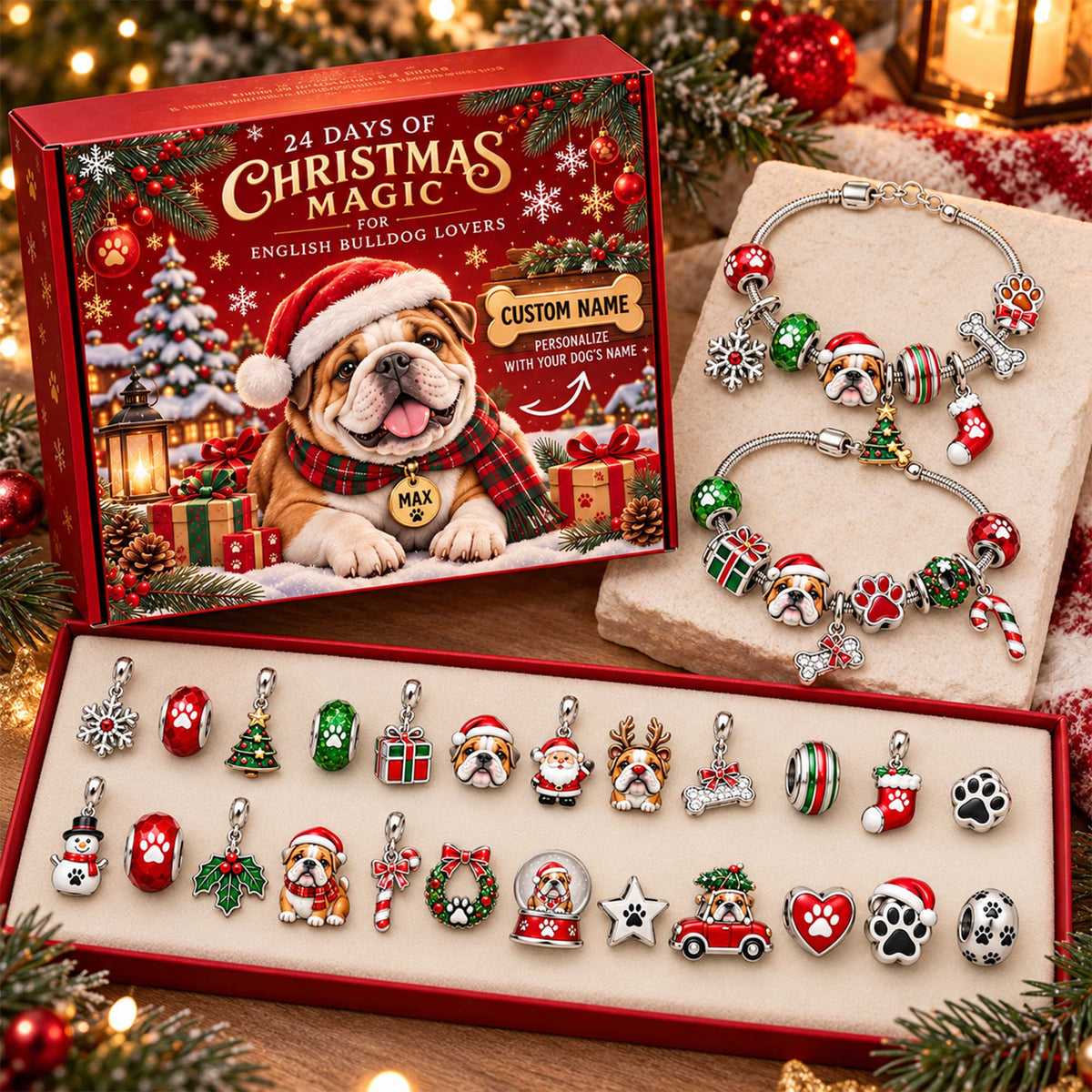 Personalized English Bulldog 24 Days Christmas Advent Calendar Bracelet Set With 24 Charms