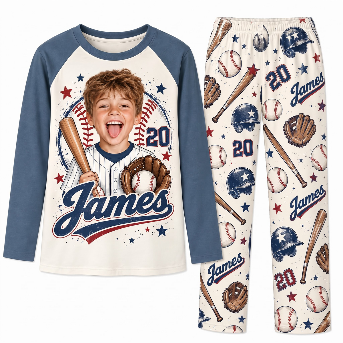 Custom Photo Name & Number Vintage Baseball Player Matching Family Pajamas